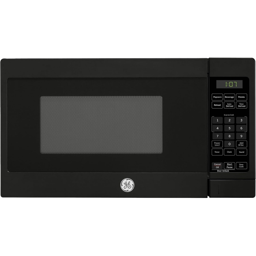 GE Countertop Microwave Oven, Compact 0.7 Cubic Ft., 700-watt Capacity, 6 Auto Cooking Settings, Child-Lock Technology, Kitchen Essentials for the Countertop, Dorm Room or Apartment, Stainless Steel(Black)
