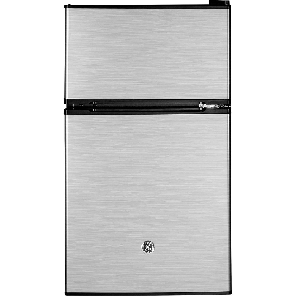 GE Double-Door Mini Fridge, Freestanding Compact Refrigerator with Freezer, 3.1 Cu Ft, Black, GDE03GGKBB(Clean Steel)