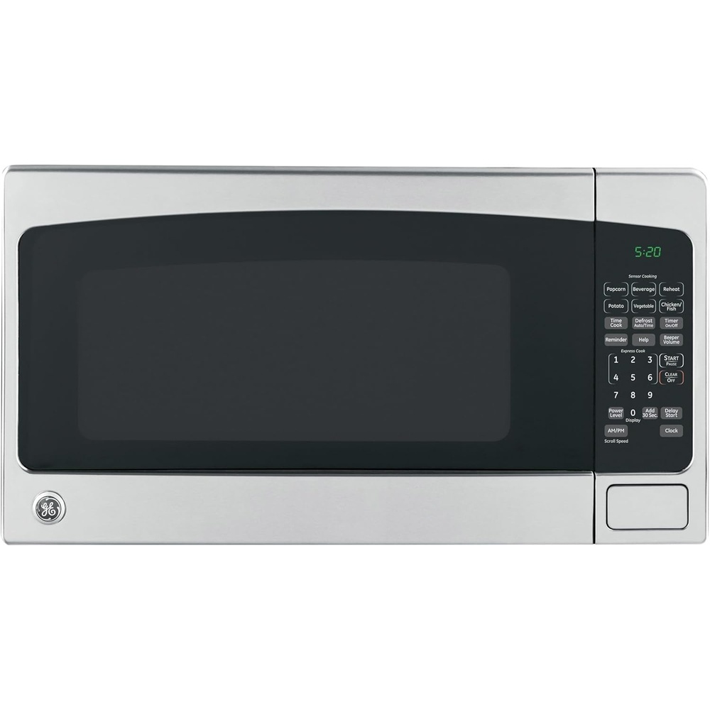 GE Countertop Microwave Oven, 1,200-watt Capacity, 2.0 Cubic Ft., 8 Auto Setting Cooking Settings, Child-Lock Technology, Kitchen Essentials for the Countertop, Dorm Room or Apartment, Black(Stainless Steel)
