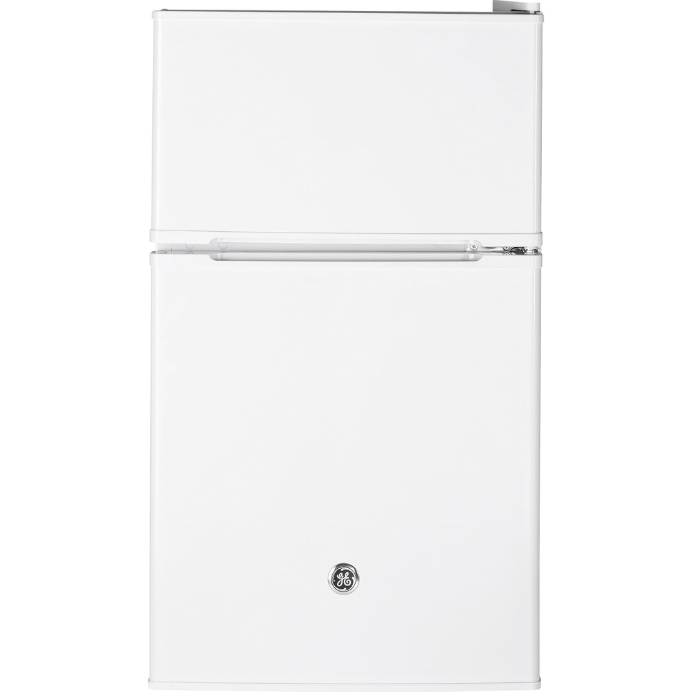 GE Double-Door Mini Fridge, Freestanding Compact Refrigerator with Freezer, 3.1 Cu Ft, Black, GDE03GGKBB(White)