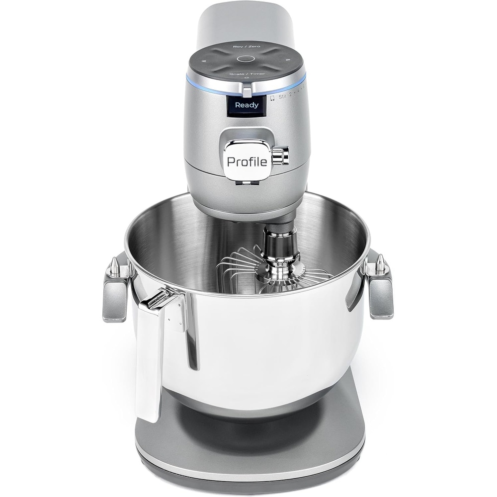 GE Profile Smart Stand Mixer w/Built-In Smart Scale & Auto Sense Technology, 7qt Stainless Steel Bowl, 11 Speed l Dough Hook, Beater, 11-wire whip l works w/Amazon Alexa & Google Home l Stone White(Mineral Silver)