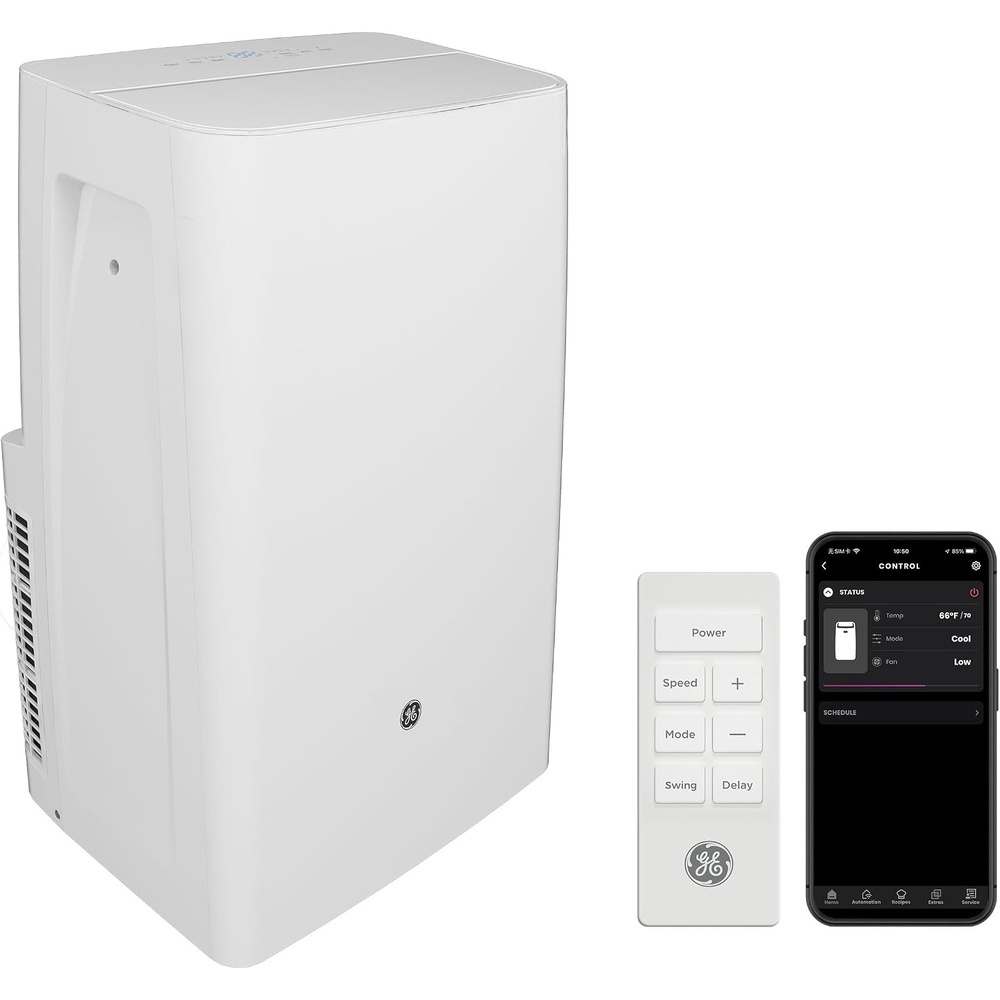 GE 6,000 BTU DOE Portable Air Conditioner for Small Rooms up to 250 sq ft, Compact 3-in-1 AC Unit + Dehumidifier + Fan, Auto Evaporation, Remote, Easy-Roll Casters, Window Kit Included, White(7 000 BTU – WIFI)
