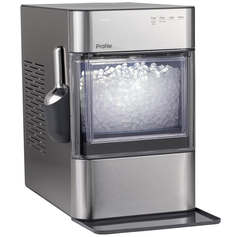 GE Profile Opal 2.0 Ultra Nugget Ice Maker with Scale Inhibiting Filter, Scoop Included, 38 lbs in 24 Hours, Pellet Ice Machine with WiFi & Smart Connected, Stone White(Stainless Steel)