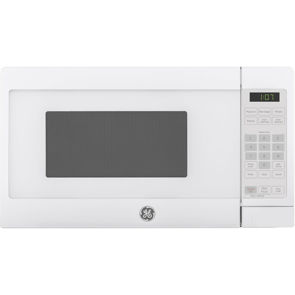 GE Countertop Microwave Oven, Compact 0.7 Cubic Ft., 700-watt Capacity, 6 Auto Cooking Settings, Child-Lock Technology, Kitchen Essentials for the Countertop, Dorm Room or Apartment, Stainless Steel(White)
