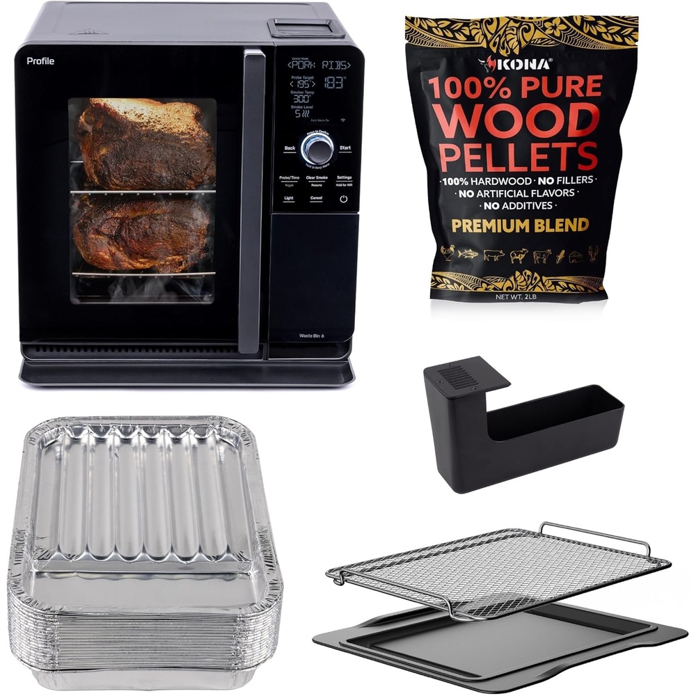 GE Profile™ Smart Indoor Pellet Smoker + Accessories Bundle, Includes Four 1lb Bag, Strainer, 20-pack of Drip Pan Liners, and Prep Tray, Stainless Steel, Carbon Black(Smart Indoor Pellet Smoker + Accessories Bundle)