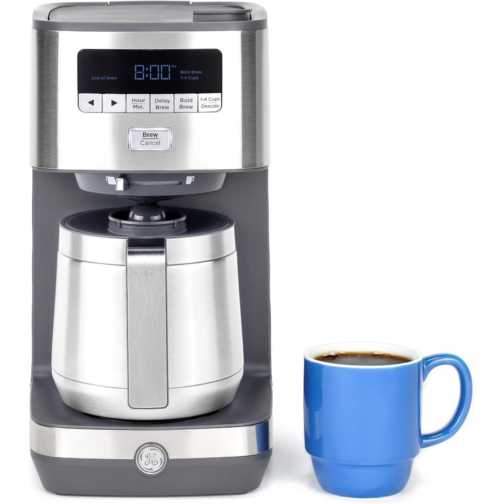 GE Drip Coffee Maker With Timer | 12-Cup Glass Carafe Coffee Pot With Adjustable Keep Warm Plate | Wide Shower Head for Maximum Flavor | Kitchen Essentials | Stainless Steel(Thermal Carafe)