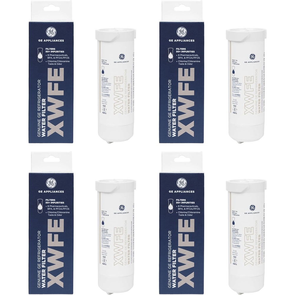 GE XWFE Refrigerator Water Filter, Genuine Replacement Filter, Certified to Reduce Lead, Sulfur, and 50+ Other Impurities, Replace Every 6 Months for Best Results, Pack of 1(Pack of 4)