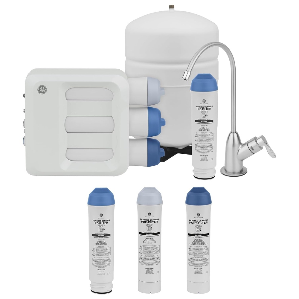 GE 3 Stage Reverse Osmosis Under Sink Water Filtration System with Faucet & Filters | Reduces 95+ Impurities Including Lead, Chlorine, Arsenic |GXRQ18NBN, FQ18PN, FQ18MN(GXRQ18NBN (Second Filter Set Included))