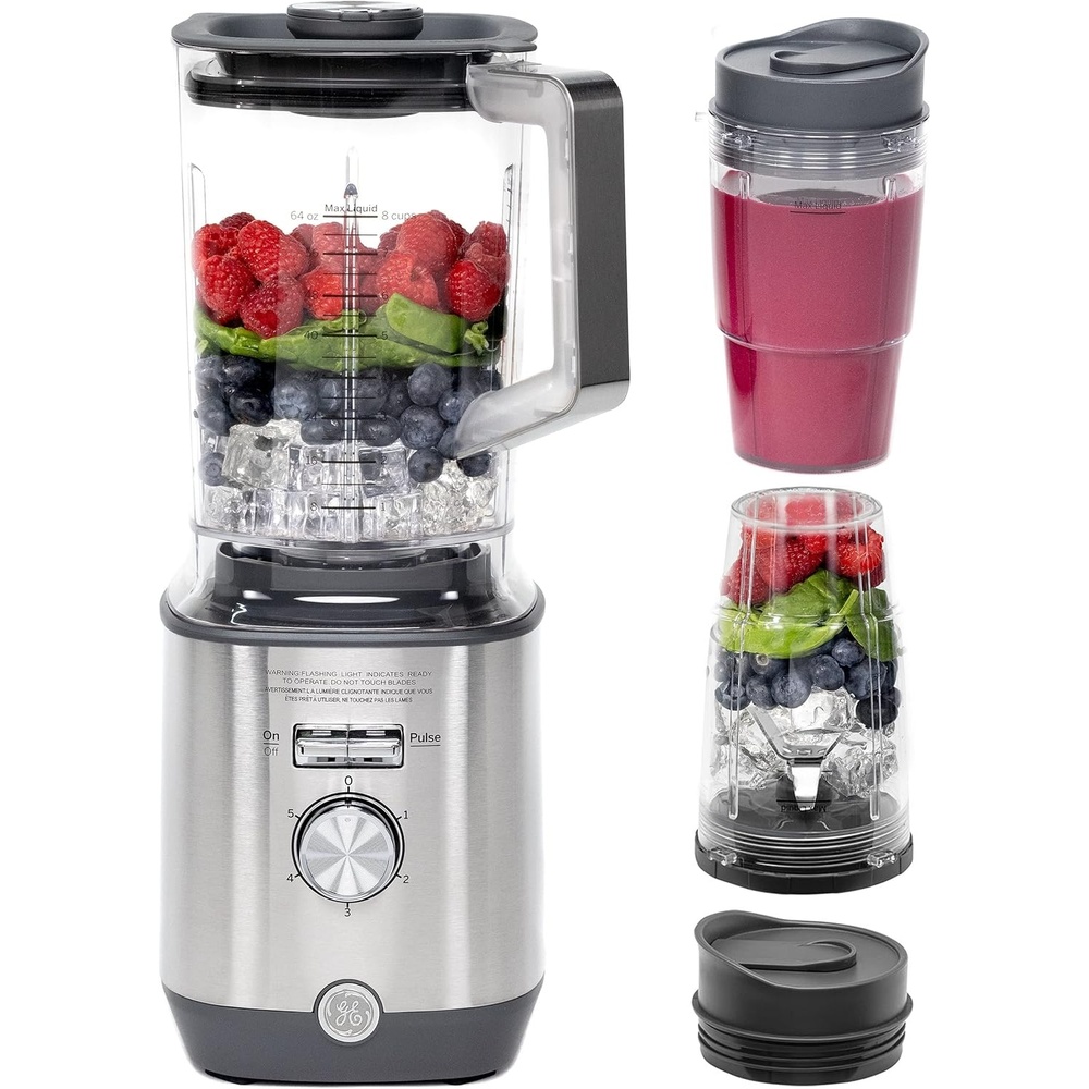 GE 5-Speed Blender + (2) 16 Ounce Blender Cups | Kitchen Essentials for Shakes, Smoothies & More | Large 64 oz Tritan Jar, 8-10 Servings | Stainless Steel Blades & Exterior Finish| 1000 Watts(Blender with Personal Cups)
