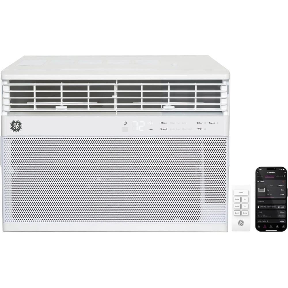 GE 8,000 BTU Smart Window Air Conditioner, Quiet & Energy Efficient Bedroom AC, 350 Sq Ft, Wi‑Fi, Alexa/Google, EZ Install Kit, White