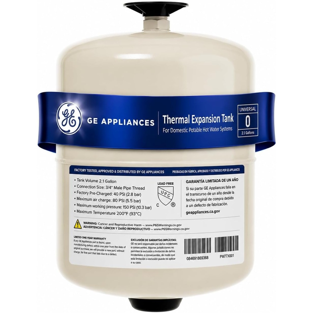 GE Appliances Water Heater Expansion Tank – 2.1 Gallon, Pre-Charged 40 PSI, 3/4″ MNPT Connection, Max Temp 200°F – Helps Protect Plumbing System