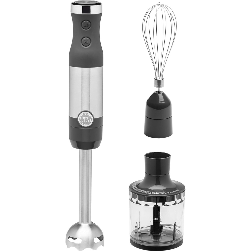GE Immersion Blender | Handheld Blender for Shakes, Smoothies, Baby Food & More | Includes Whisk & Blending Jar | 2-Speed | Interchangeable Attachment for Easy Clean | 500 Watts | Stainless Steel(Immersion Blender with Accessories)